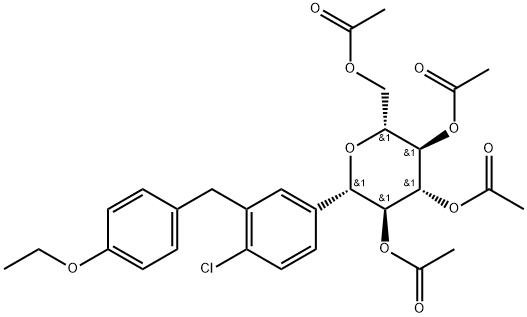 D-Glucitol, estrutura do phenyl de 1,5 anhydro-1-C- [4-chloro-3- [(4-ethoxyphenyl) metílico]] -, tetraacetate, (1S) -